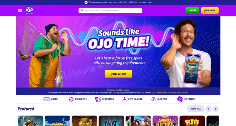 PlayOJO Casino homepage screenshot